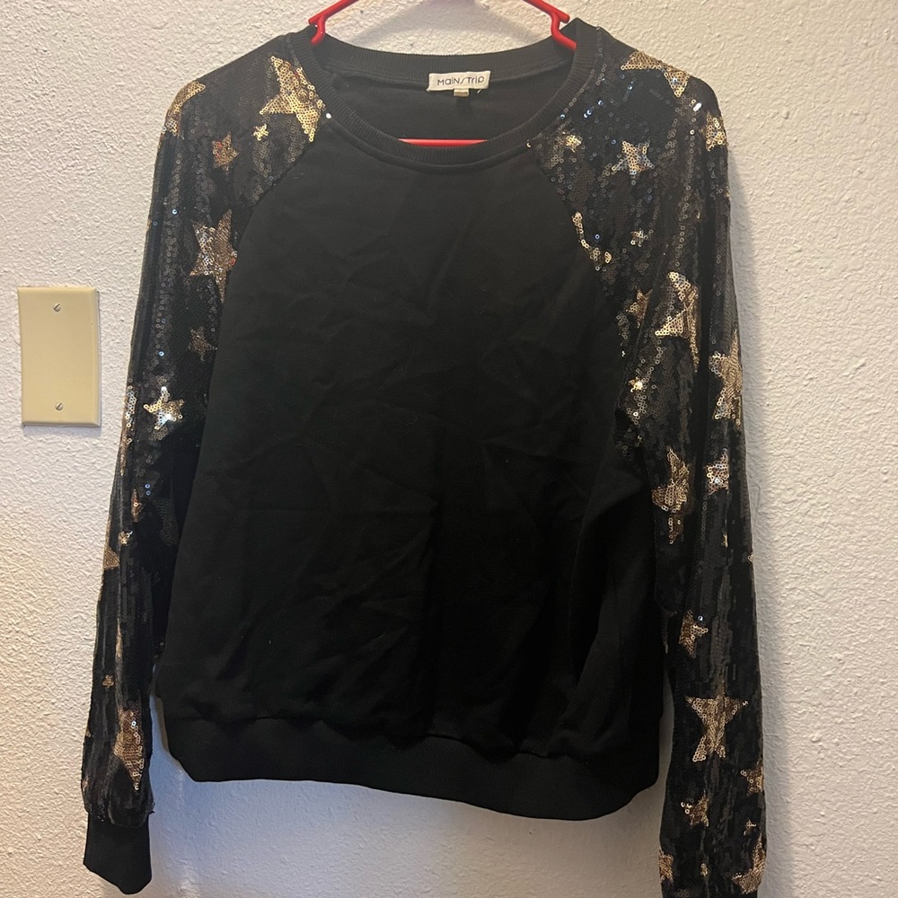 Black Sweatshirt with Sequin Star Sleeves
